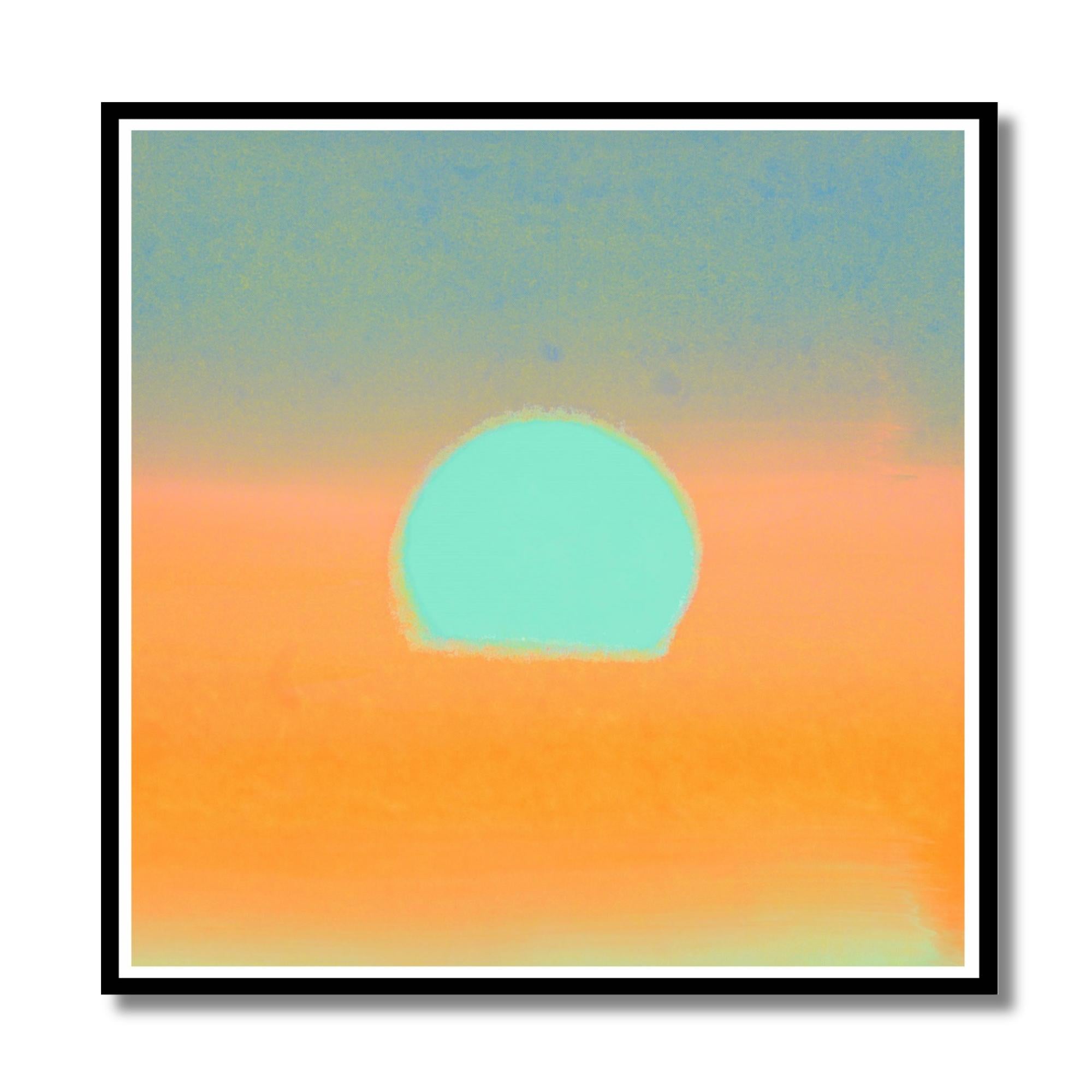 Abstract artwork with a green circle on an orange and blue gradient background